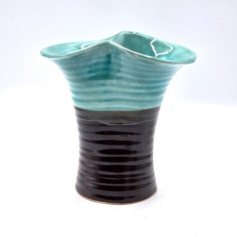 Vintage MCM Pottery Aqua & Brown Stoneware Vase 6"